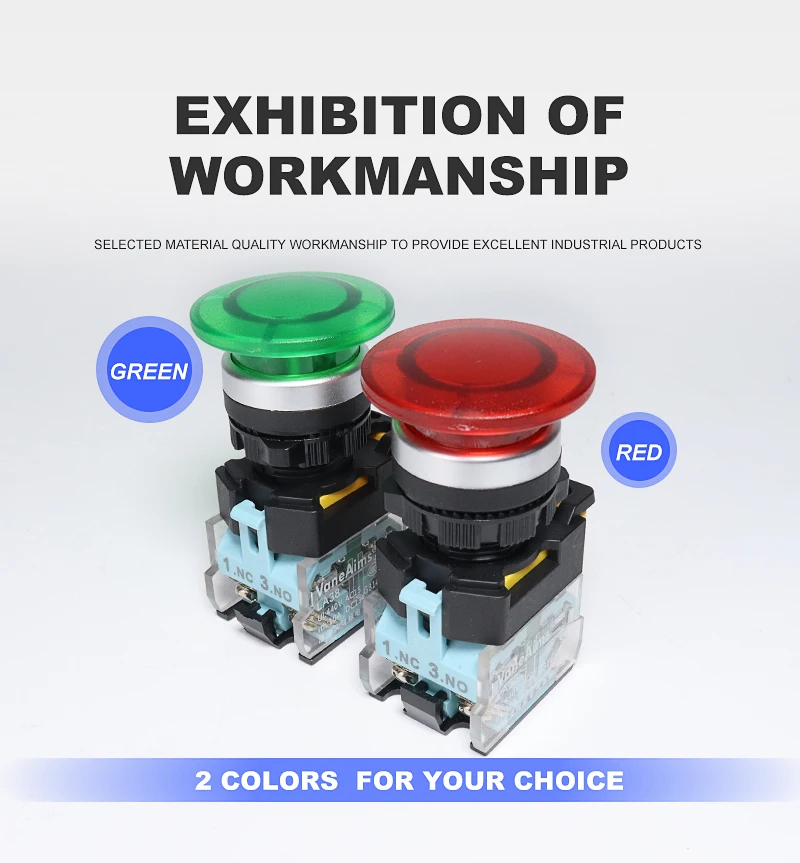 Description Picture 4 of itemBig Red Green Mushroom Push Button Switch Vaneaims 22MM FXB38 10A 1NO1NC Latching Momentary Starter Stop Enter Buttons Switches