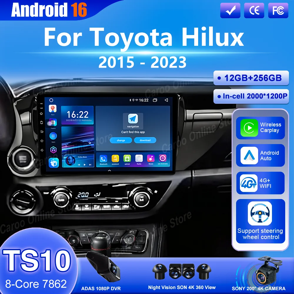 Android 16 para Toyota Hilux 2015 -2023 Auto Carplay Radio DVD para coche navegación estéreo GPS reproductor Multimedia accesorios para coche WIFI 1