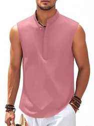 Men's Retro Street Style Waffle Shirt with Henry Collar for Running and Casual Beach Wear (Pink)