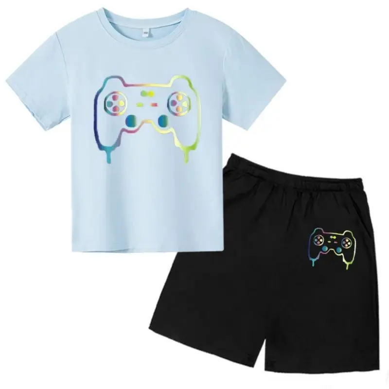 thumbnail image 1 of Conjunto de camiseta y pantalones cortos con estampado de máquina de juego de arte de grafiti para niños, moda de verano, informal, de manga corta, para niños y niñas, 1 of 5