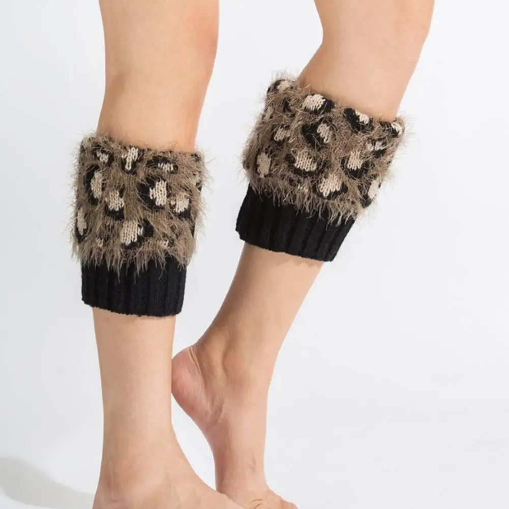 Pair Stylish Boot Socks Leopard Print Leg Warmer Fluffy Crochet