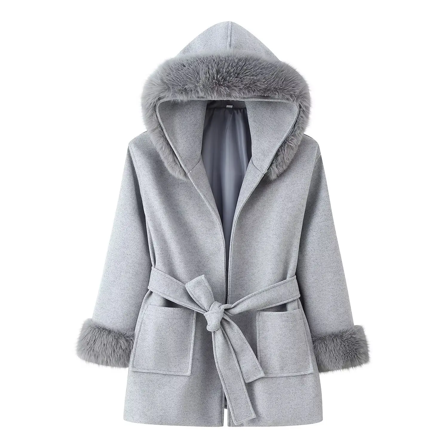 Women Hooded Fur Patchwork Lace-Up Woolen Coat Female Street Lapel Pockets Full Sleeve Overcoats Autumn Winter Lady Chic Outwear