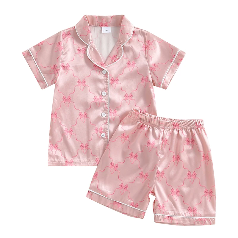 Baby Girls Pajamas Set Summer Bow Print Button up Short Sleeves Shirt with Elastic Shorts for Loungewear Sleepwear