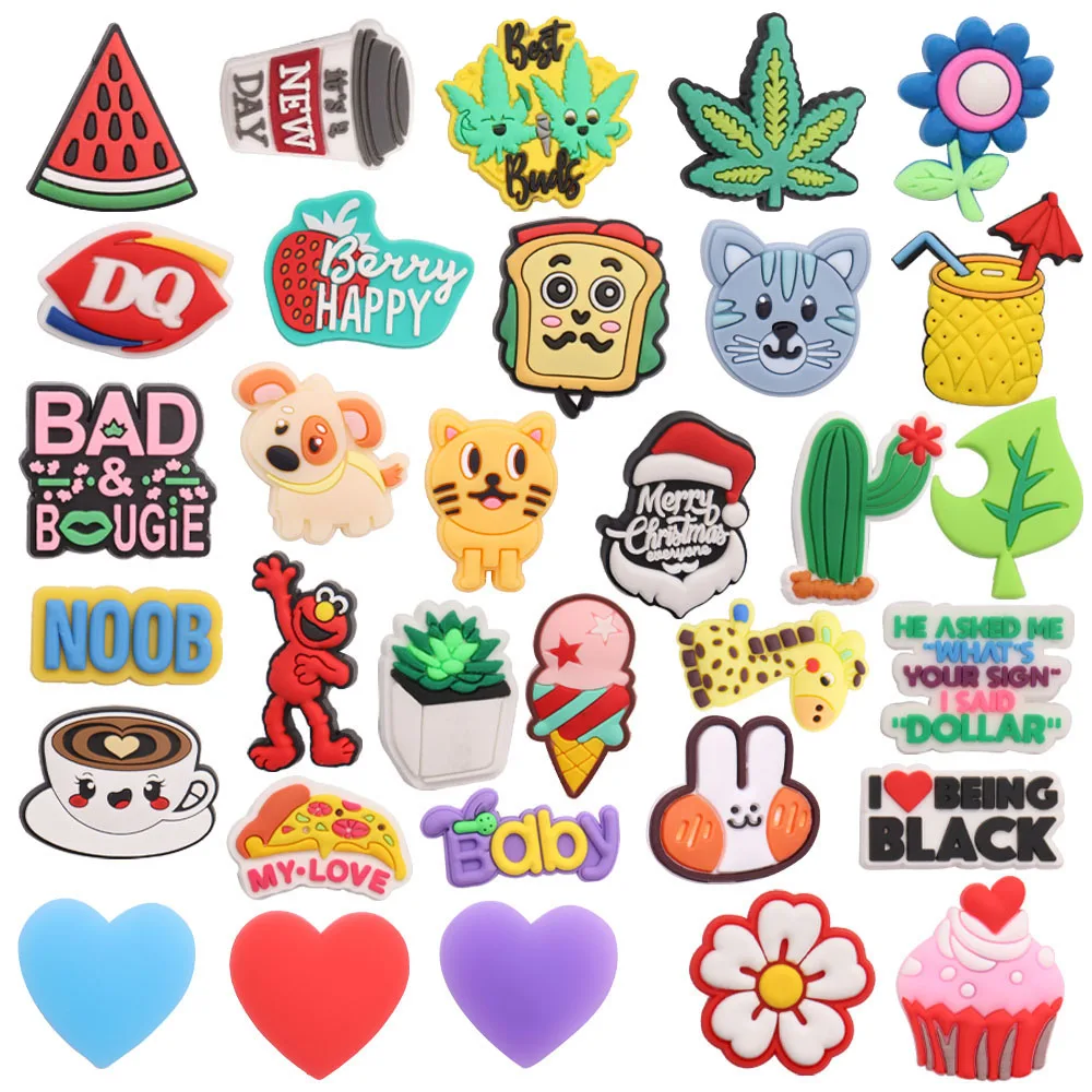 

Mix 50PCS PVC Croc Charms Watermelon Drink Leaf Flower Strawberry Toast Cat Dog Christmas Cactus Slipper Accessories Decorations