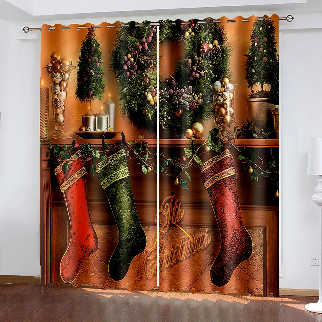 

Christmas Decoration Curtain 3D Cartoon Santa Claus Christmas Tree Polyester Cloth Curtain Snowman Pattern Festive Atmosphere