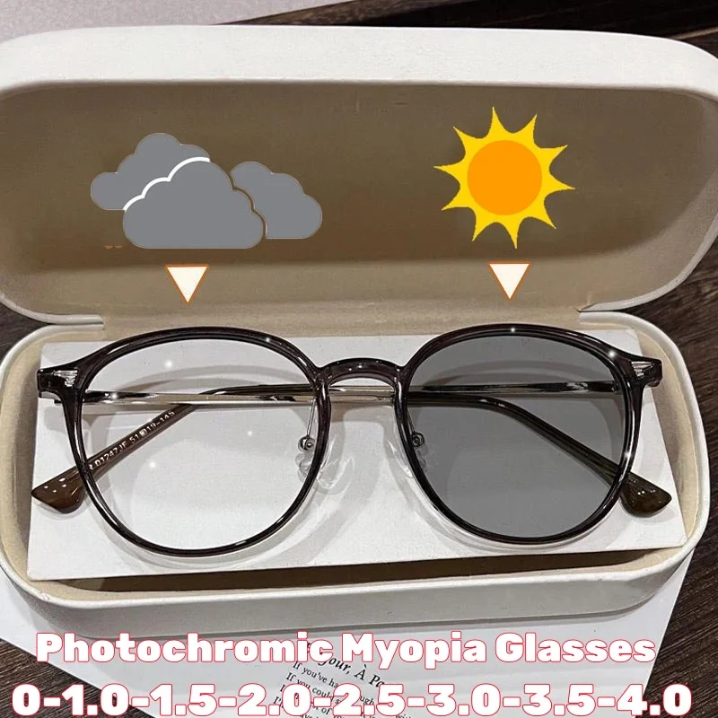 New Retro Round Frame Photochromic Myopia Glasses Women Men Anti Blue Light Color Changing Sunglasses Near Sight Eyewear +2.0