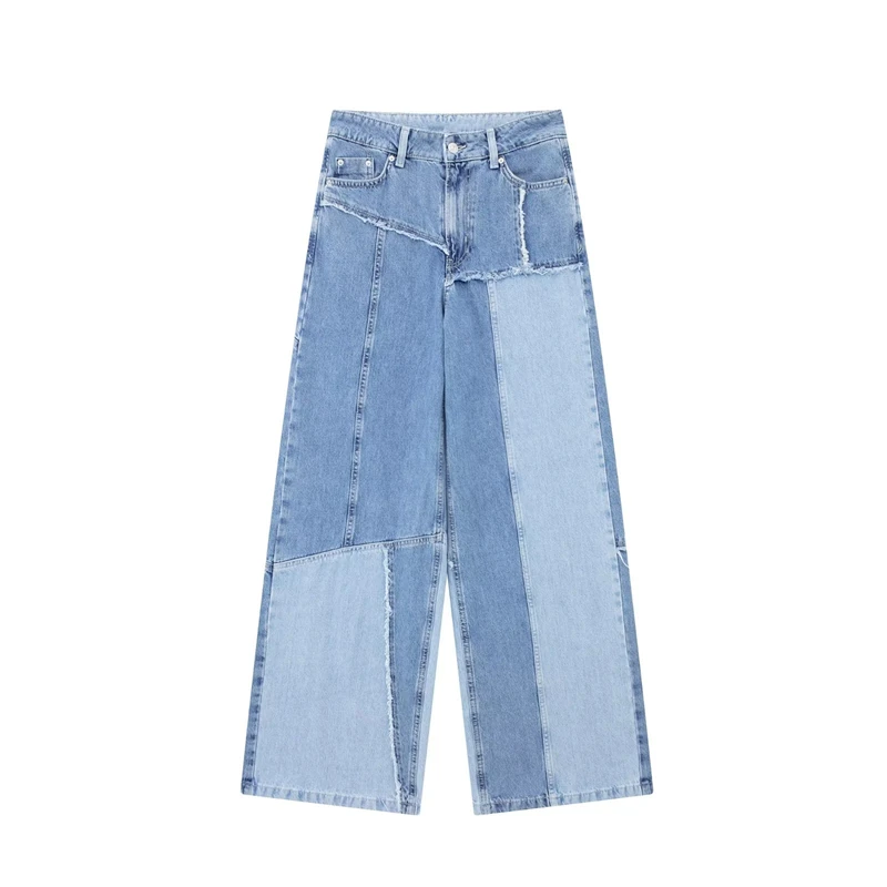 

2023 Summer New High Waist Stitching Jeans Loose Wide Legs Versatile Contrasting Color Denim Straight Leg Pants Women's