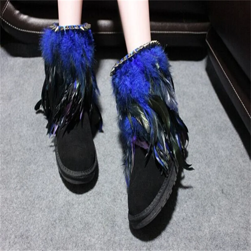

New fashion color chicken tail hair personality hair middle tube frosted cowhide women's snow boots big size 35-40