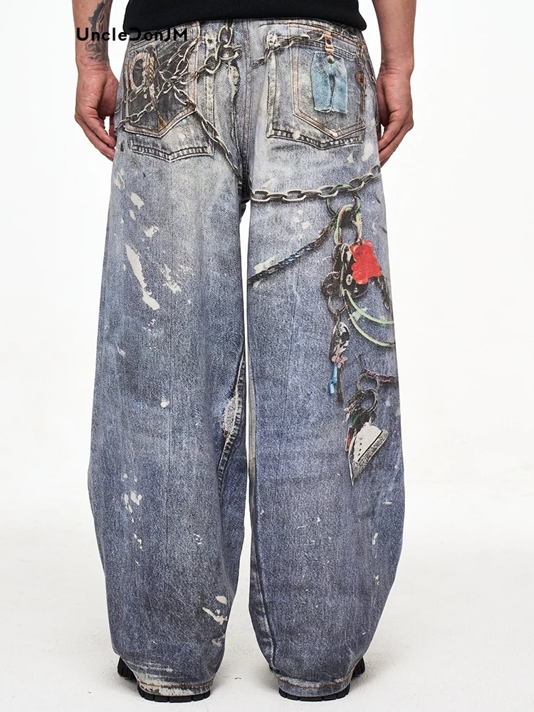 3D Printed Trouser Chain Loose Washed Digital Graffiti Keychain Printed Jeans Men Luxury Jeans 5