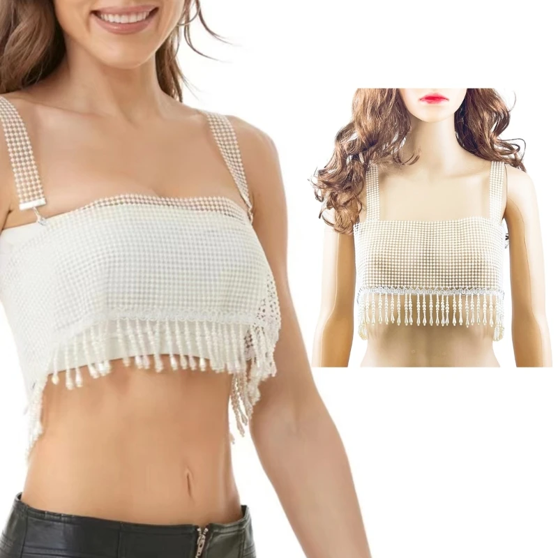 

Women's Sexy Pearls Top Spaghetti Straps Bra Cover Up Crop Tops Clubwear