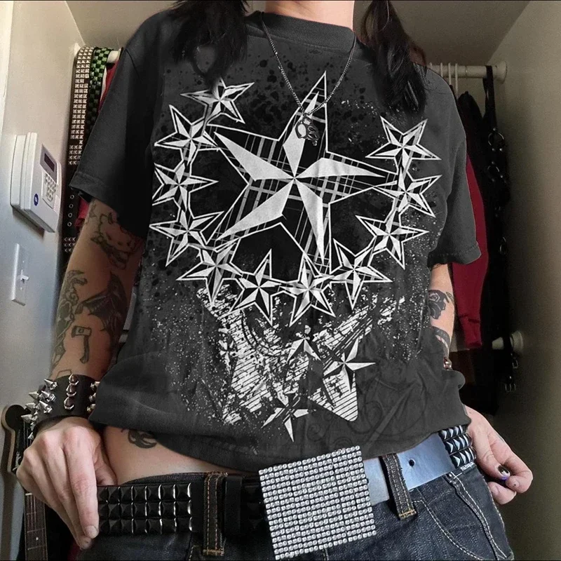2024 New Red Top Star Print Pattern T-Shirt Retro Cyber Grunge Y2K