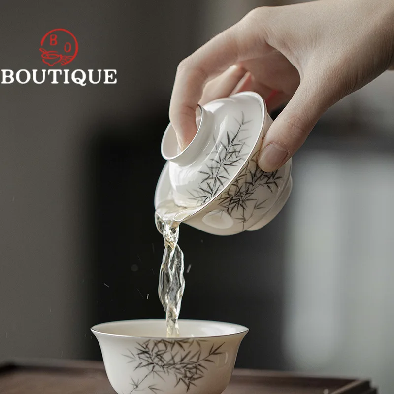 90ml Boutique Hand-painted Bamboo Ceramic Covered Bowls Household Tea Soaking Gaiwan Tea Maker Soperas Kung Fu Set Tool Gift