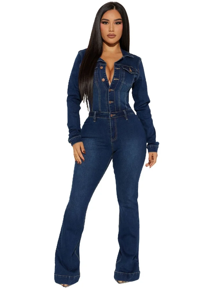 Wmstar Jumpsuits Rompers Women Wholesale Fitted Elastic Flared Flared Washable Long Sleeved Denim One Piece Summer 2025