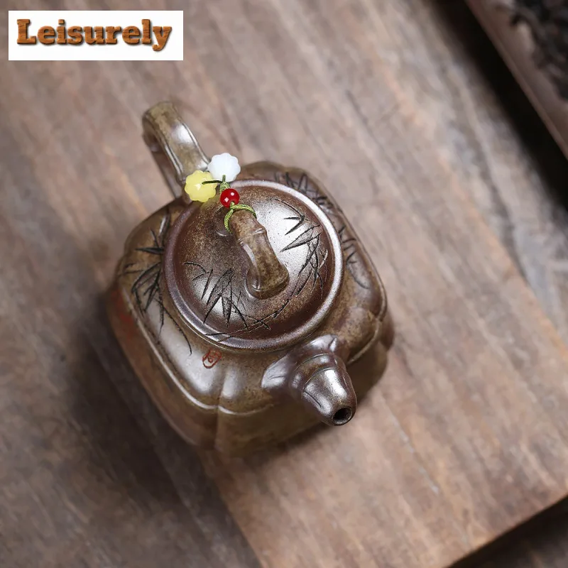 300ml Yixing Purple Clay Teapots Handmade Bamboo Tripod Pot Raw Ore Wood-fired Porcelain Mud Kettle With Filter Zisha Tea Set