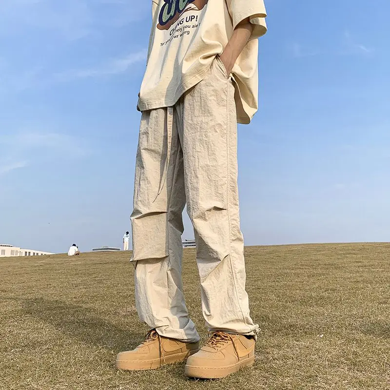 High Street Fashion Summer Casual Pants Men Solid Elastic Waist Drawstring Pocket Ice Silk Quick Drying Loose Straight Trousers