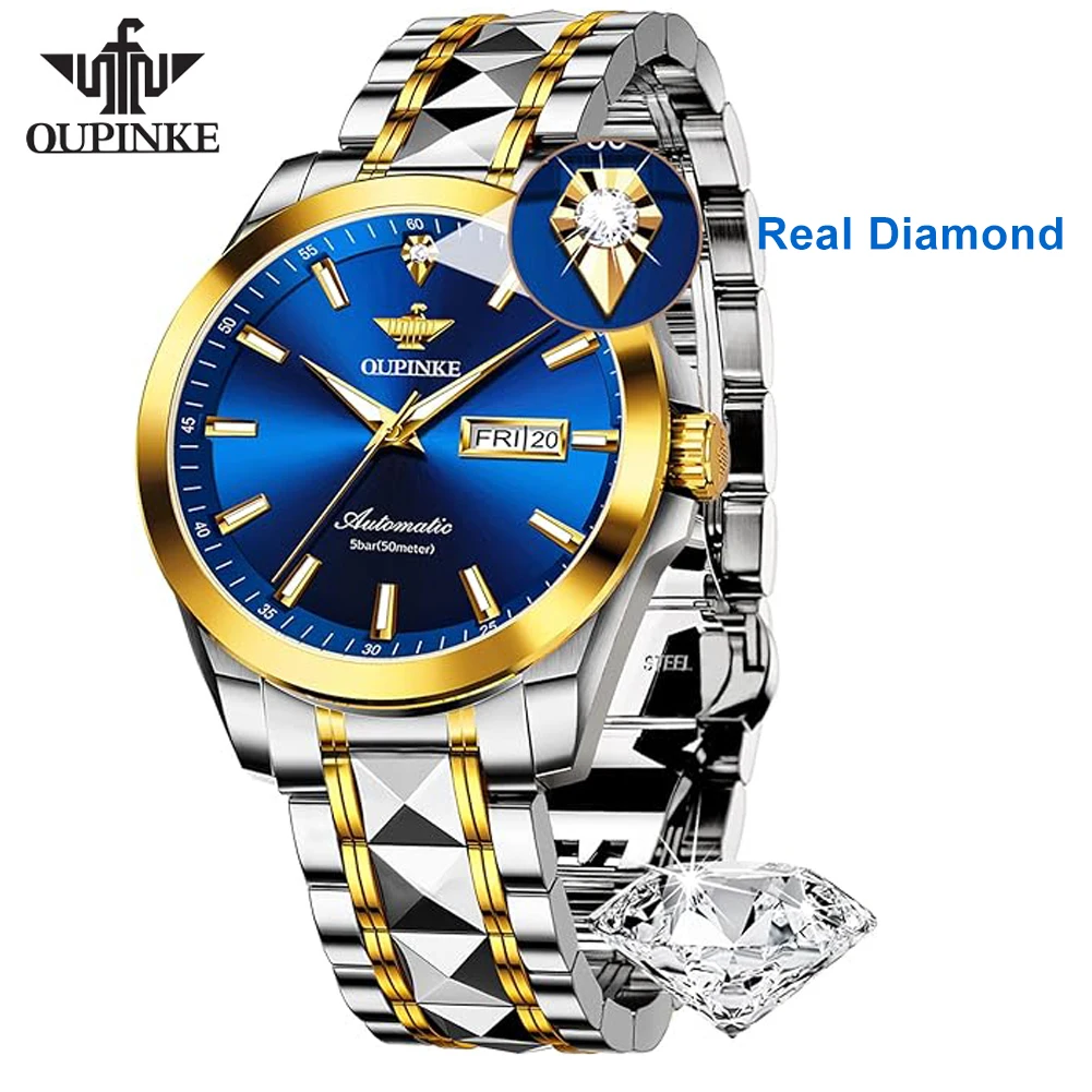 OUPINKE Original Real Diamond Mens Wristwatch Automatic Mechanical Watch Luxury Swiss Movement Luminous Dress Calendar