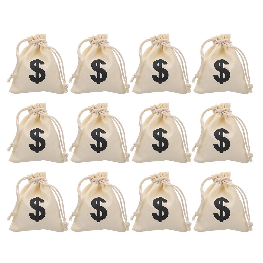 

12pcs Dollar Money Sign Bags Canvas Drawstring Bags Party Gift Treats Bags Treasure Bag
