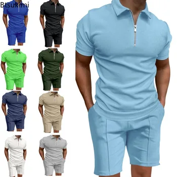 Set Polo Estivo da Uomo, Tinta Unita, Manica Corta in Tessuto Waffle, T-shirt Slim con Colletto, Set Casual da Uomo, Comodo e Traspirante