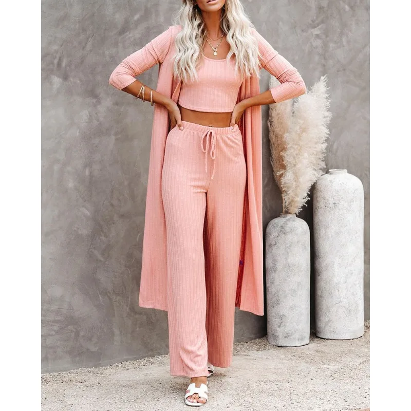 

3 Pcs Suit Winter Women Short Vest Cardigan Trousers Three-piece Casual Knit Cotton Long Cardigan Trousers Pajama Set