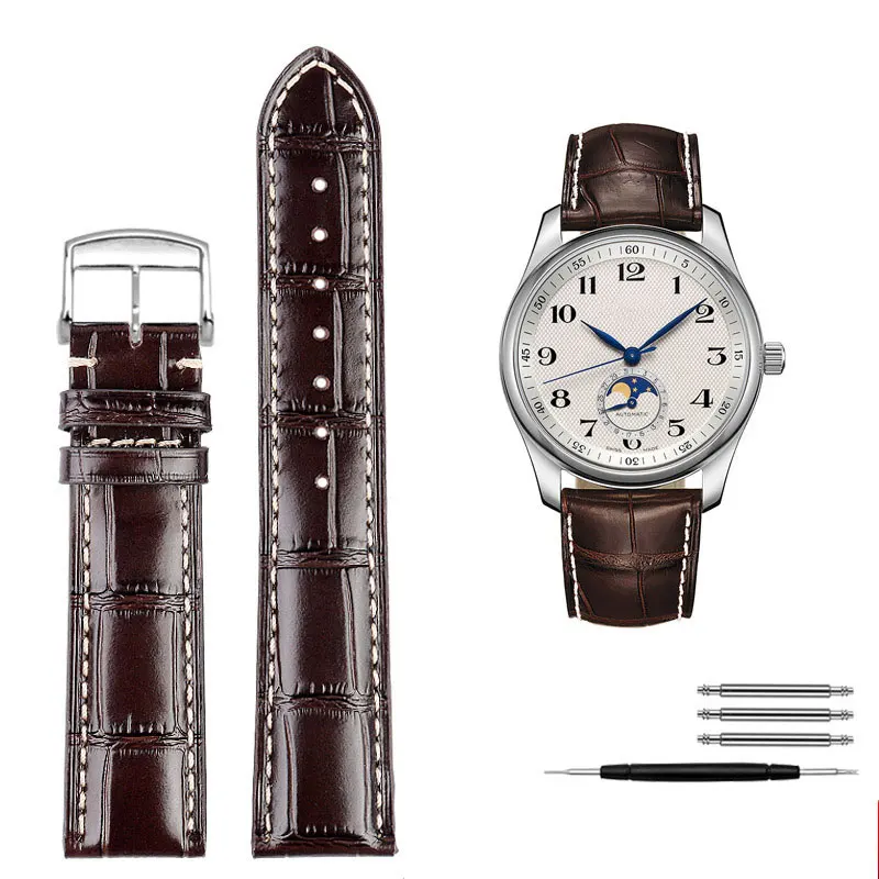 thumbnail image 1 of Correa de reloj para Longines Masters Collection L3 L4 L2.628/L2.673, de piel de vaca, con hebilla de mariposa, correa de reloj de 19, 20 y 21 mm, 1 of 5