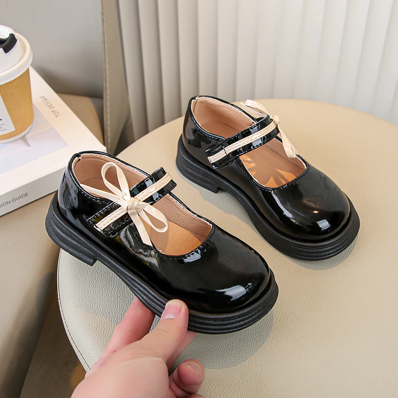 Leather Mary Jane Flats for Girls with Bowtie