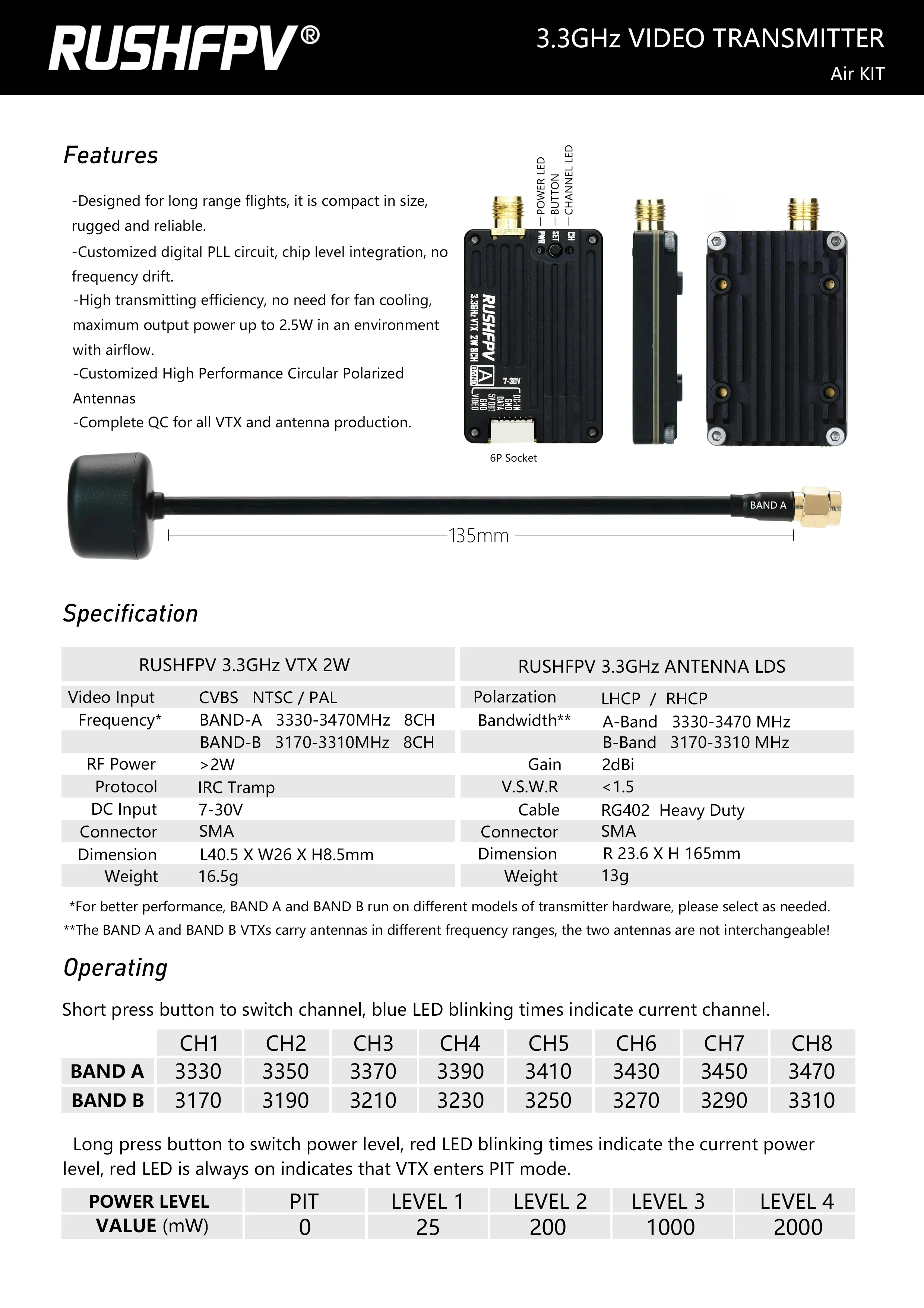 Description Picture 3 of itemRUSHFPV 3.3G 2W VTX Transmitter FPV Transmitter Receiver DVR Module with Antenna For RC Long Rang Racer FPV Drone