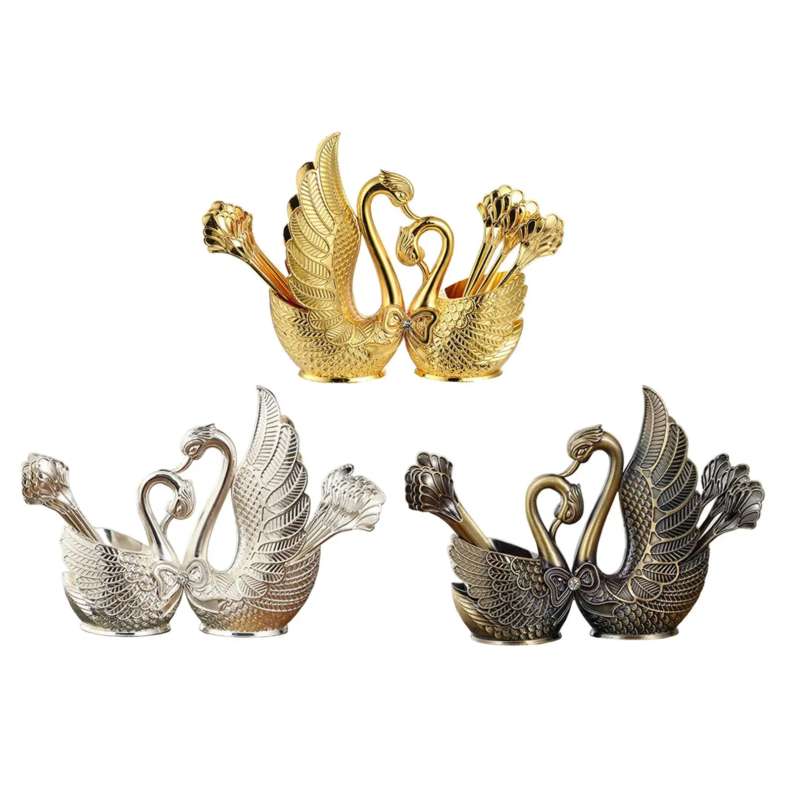 Swan Base Holder 6 Forks and 6 Spoons Cake Spoon Teaspoons Flatware Set Rack for Fruit Dessert Coffee Ice Cream Cake