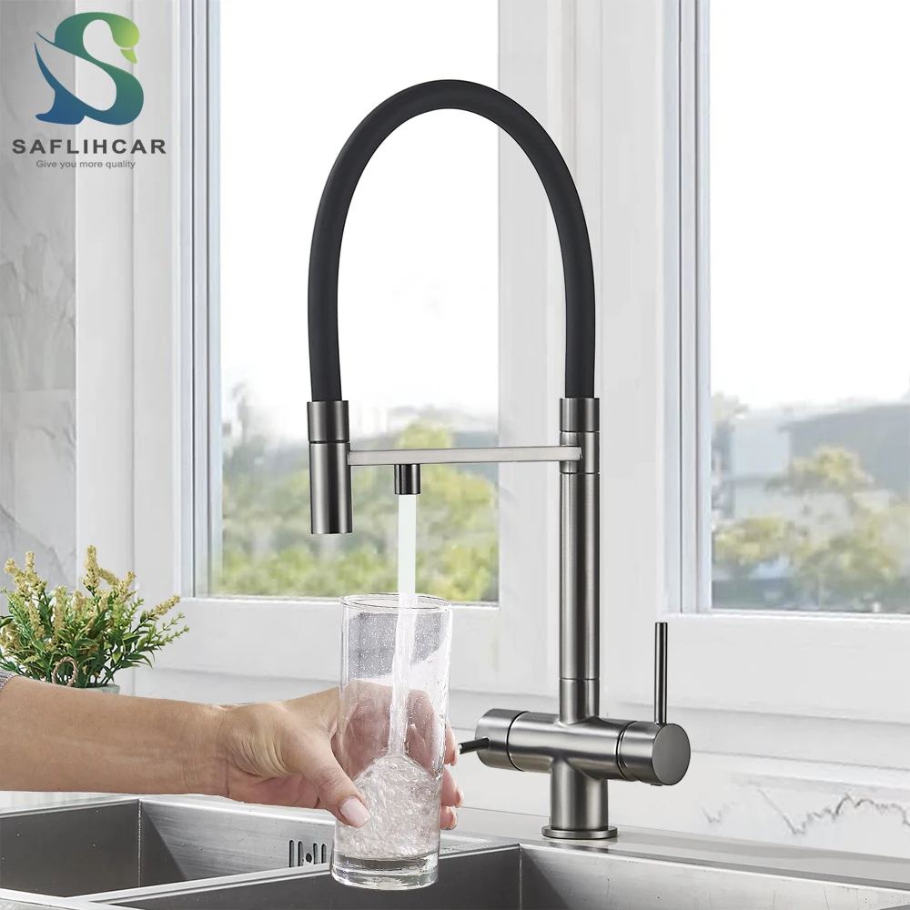 Gray Purified Kitchen Faucet Hot Cold Mixer Pull Out Rotation Crane Tap Spray Stream Mode Filter Water Deck Mount