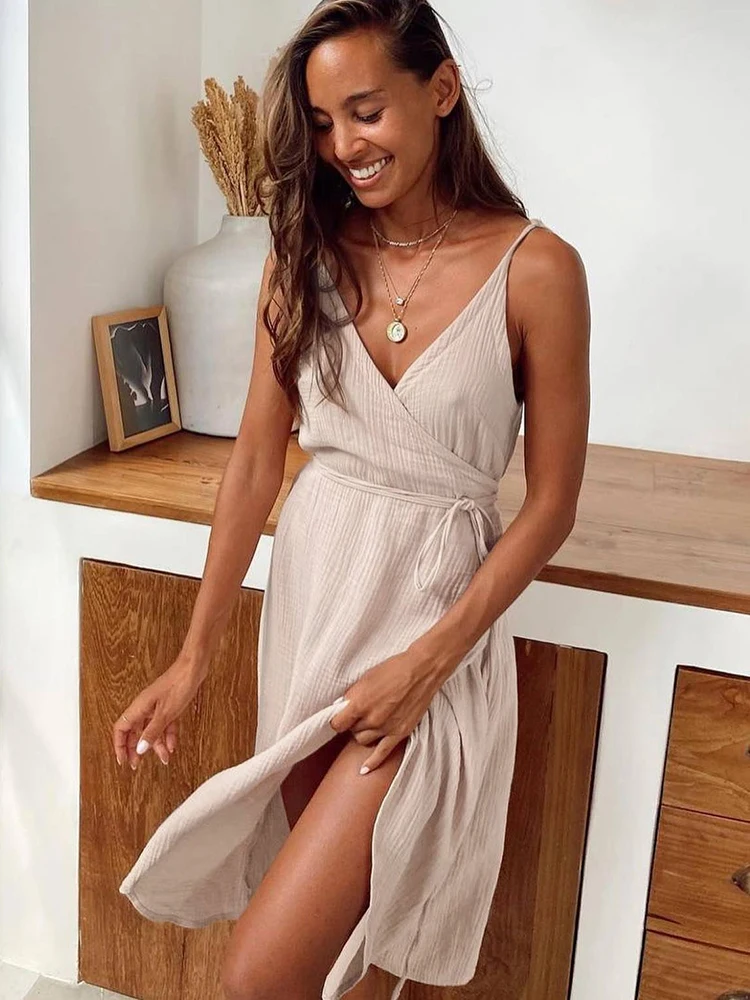 Women Nightgowns Nightdresses Sleeping Dress Cotton Spaghetti Strap V Neck Lace Up