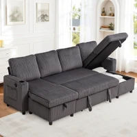 102" Plush Corduroy Sleeper Sofa Bed with Storage Chaise Sectional Couch,Pull Out U Shaped Bed with USB Ports for Living Room