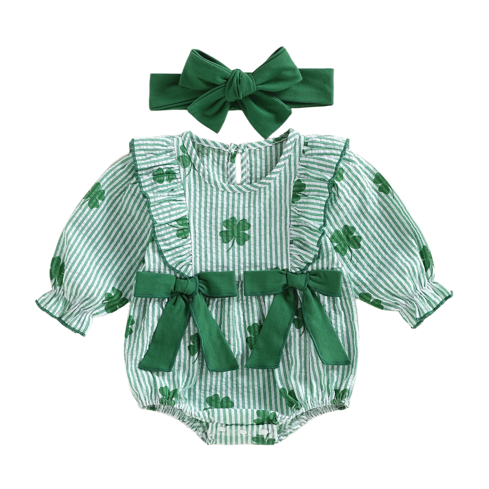 St Patrick s Day Toddler Girls 2 Piece Set Green Clover Print Romper with Matching Bow Headband for Irish Celebration