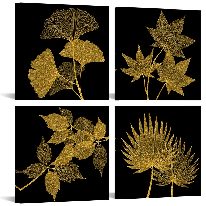 

4 Pieces Gold Leaves Wall Art Poster Abstract Leaves Print Canvas Painting Modern Style Pictures Living Room Home Decor