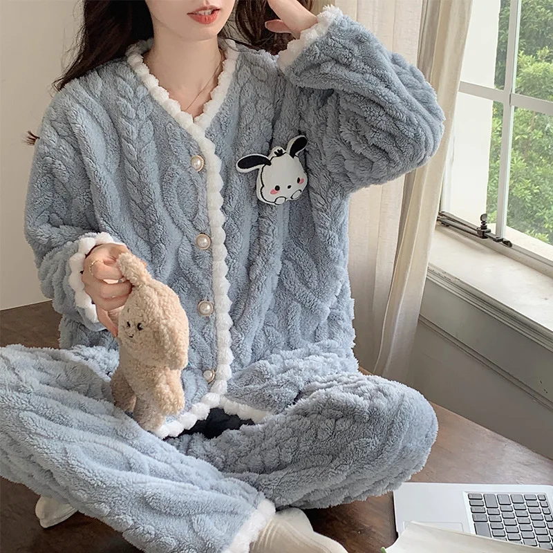 

Sanrio Cute Cartoon Kuromi Pajamas Anime Cinnamoroll Plush Homewear Sleepwear Kawaii Autumn Winter Girl Melody Nightwear Set