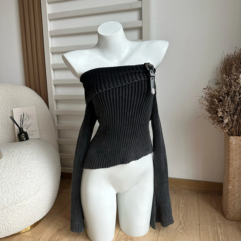 S5a68a707a0974bbd8d2bbaa0b5c6d7396 Fashion Simple Classical Knitted Sweater Slash Neck Off Shoulder Long Sleeve Pullovers Flare Sleeve Autumn Winter Y2K Streetwear Mallzona