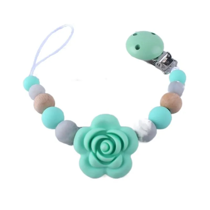 

Wood Pacifier Clips Baby Teething Silicone Beads Newborn Pacifier Chains Rose Flower Teether Dummy Holder
