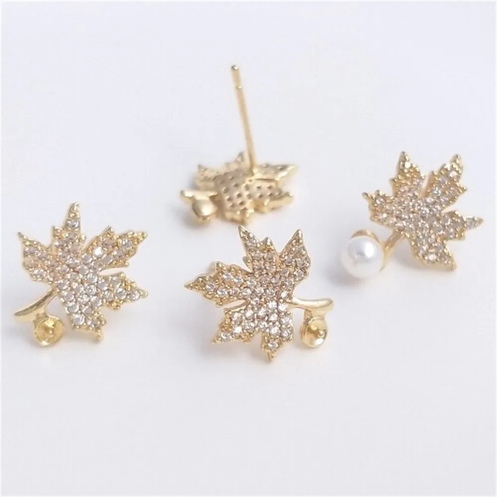 Micro Inlaid Zircon 14K Gold Wrapped Half Hole Bead Holder Maple Leaf Earrings 925 Silver Needles DIY Handmade Pearl Earrings 14k gold micro inlaid zircon v shaped moon pentagonal star half hole pearl earring diy earring material e274