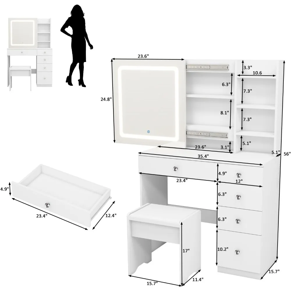 Vanity Desk Sliding Mirror and LED Lights & Charging Station, 35.4" White Vanity Table Set 5 Drawers & 7 Shelves,3 Light Modes