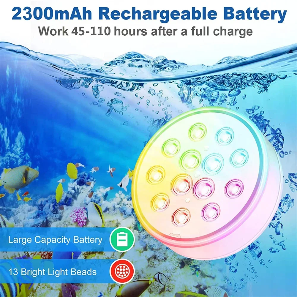 Underwater Light USB Rechargeable Submersible LED Pool Lights Remote RF IP68 Waterproof for Inground Pool Decor