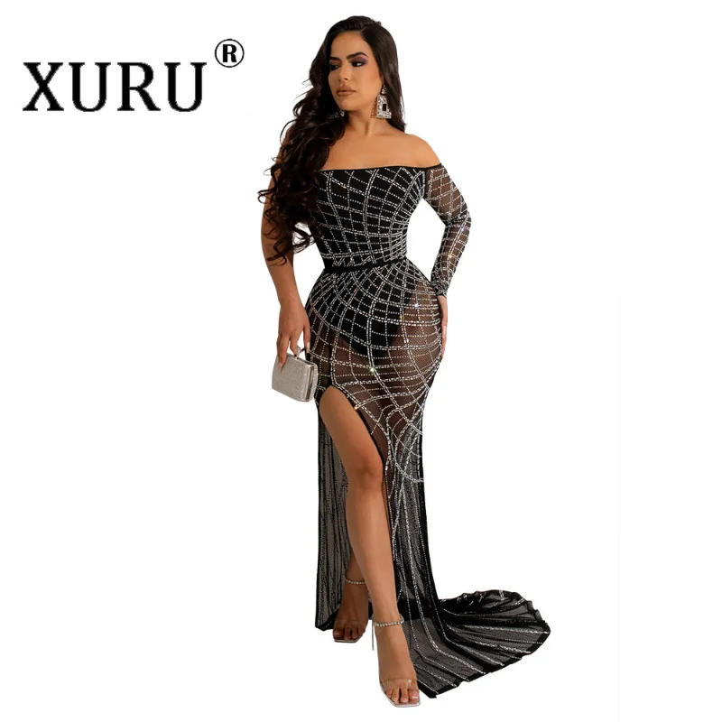 

XURU New Women's Hot Diamond Dress, Sexy One-shoulder Perspective High Split Dress, Sexy Nightclub Party Dress