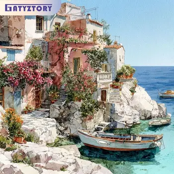 Kit Pittura a Olio con Numeri 40x50cm, Paesaggio Domestico, Disegno su Tela, Arte Dipinta a Mano, Regalo Fai da Te, Quadro con Numeri, Kit Paesaggio Marino, Decorazione Casa