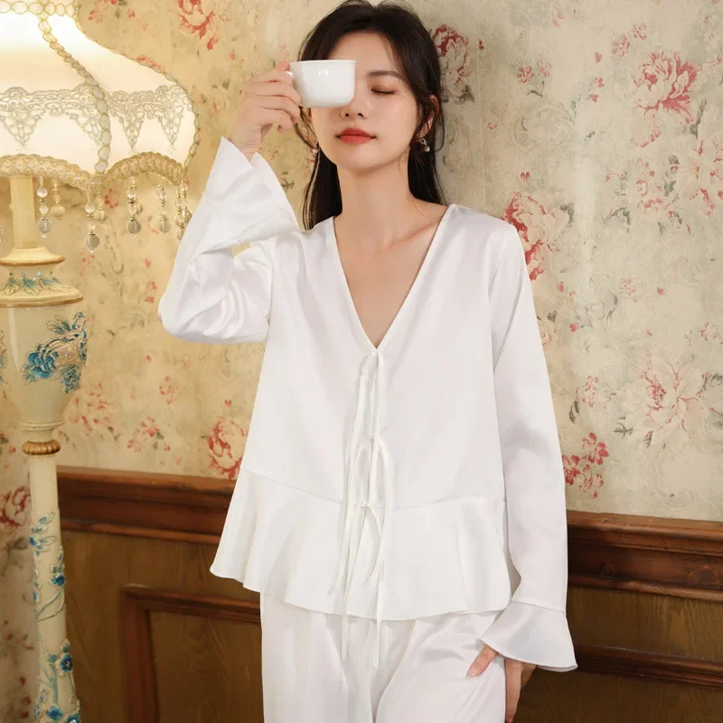 

Women Pajama Sets Ruffles Long Sleeve Top&Pants Sleepwear Sexy V-neck Pijama Nightwear Vintage Court Satin Loungewear Home Wear