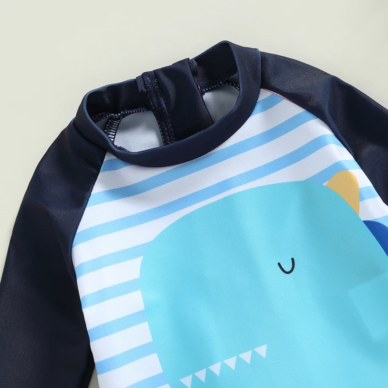 Kid Children Swimsuit 3/4 Sleeves Round Neck Cartoon Dinosaur Stripes Print Summer Beach Girls Boys