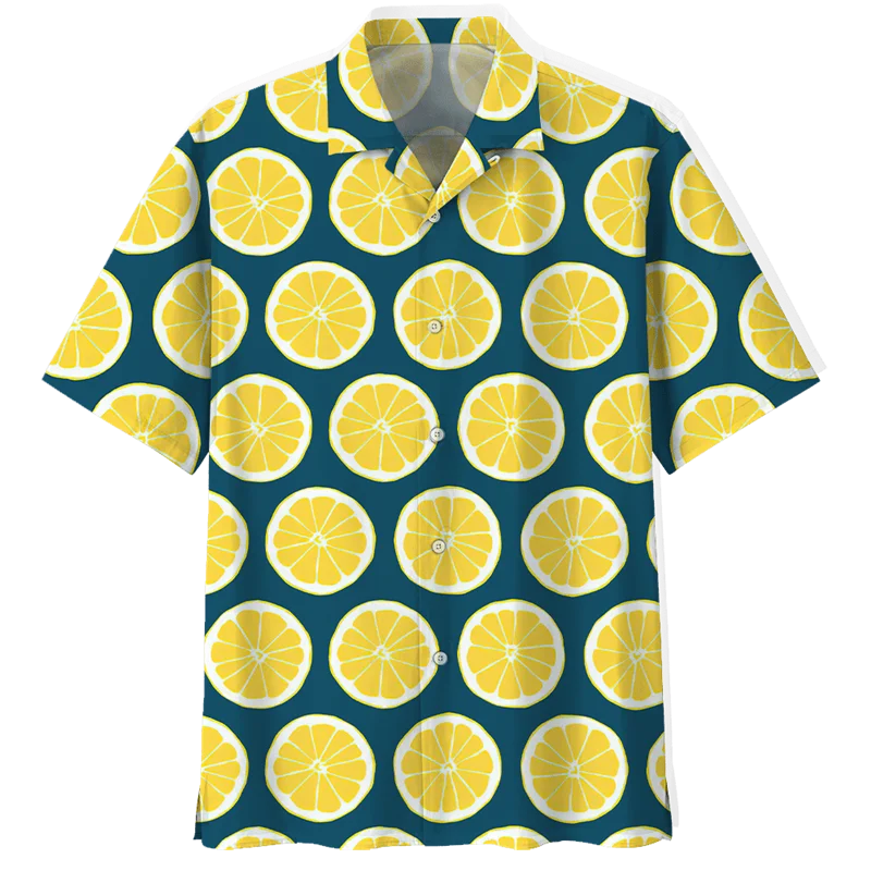 thumbnail image 1 of Camisas hawaianas con estampado de limón para hombre, blusa con botones de manga corta y estampado 3D de frutas tropicales, camisa hawaiana de solapa de gran tamaño, 1 of 5