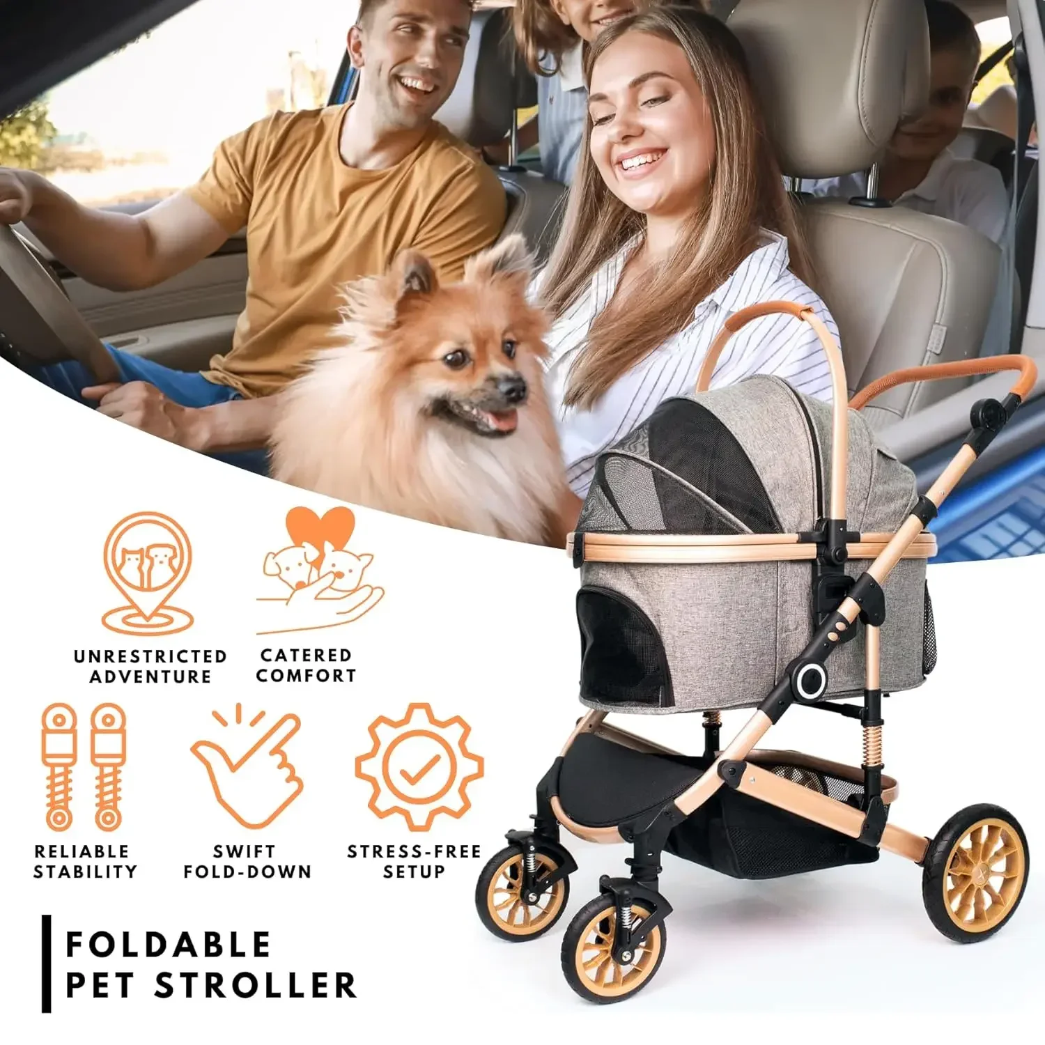 Pet Stroller with 4 Wheels Foldable Pet Travel Carrier for Small/Medium Dogs Cats Up To 50lbs Detachble Portable Bag