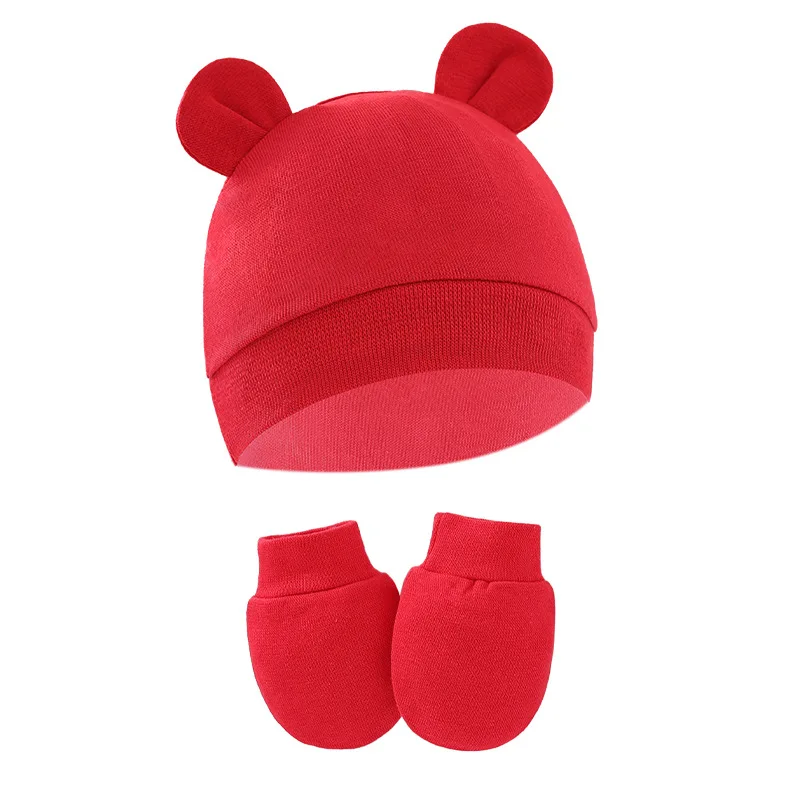 European and American Newborn Baby Cap Anti-grab Gloves Baby Hat Binaural Hat Gloves Two-piece Set 8305