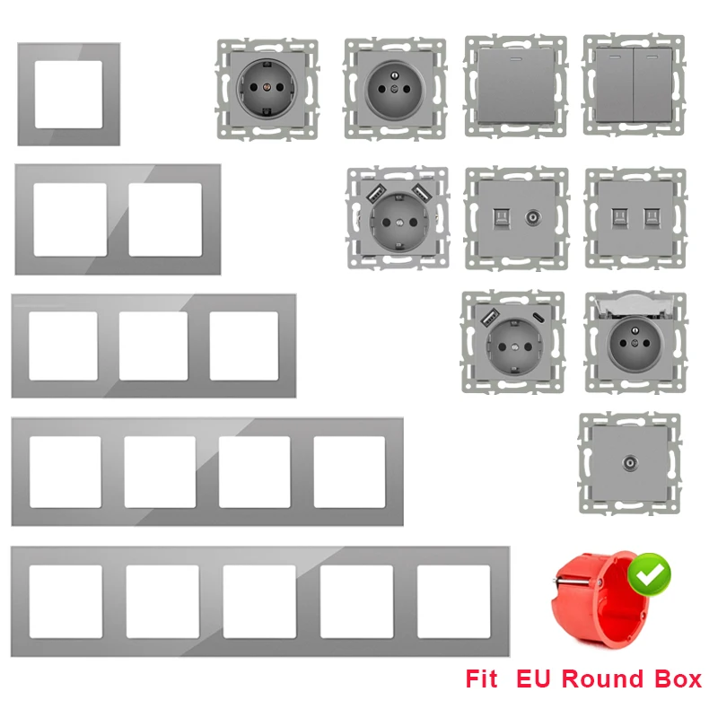 Description Picture 2 of itemjhjch wall-mounted module diy European standard gray crystal glass panel socket switch button free combination function