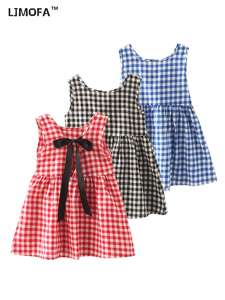

LJMOFA Summer Clothes Baby Girl Beach Dresses Casual Fashion Print Cute Bow Check Pattern Thin Toddler Kid Princess Dress D232