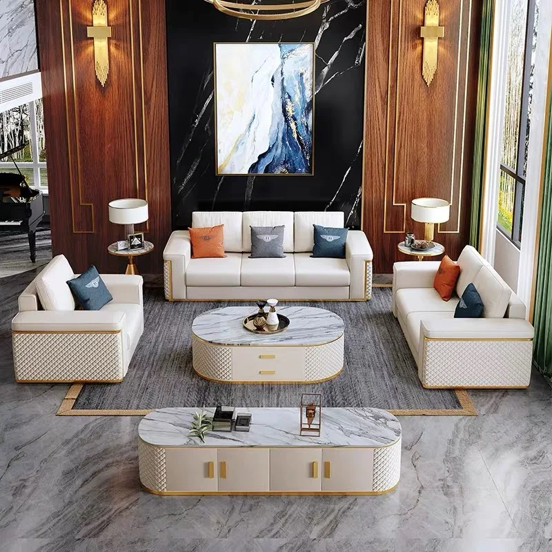Luxury American White Leather 3 Seater Sectional Couch Living Room Furniture Chesterfield Sofa Set Designer New Sofa for Sale
