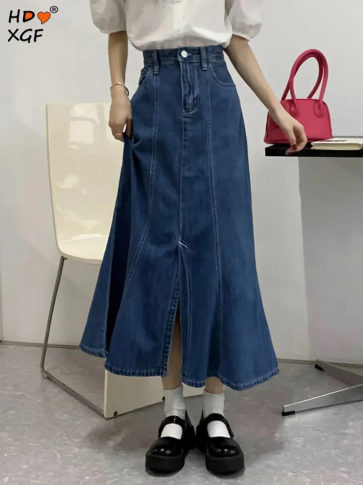 

Vintage High Waist Split Mermaid Loose Jean Skirts Women Plus Size 5xl Mid-length Bag Hip Denim Skirt Lady Casual A-line Skirts