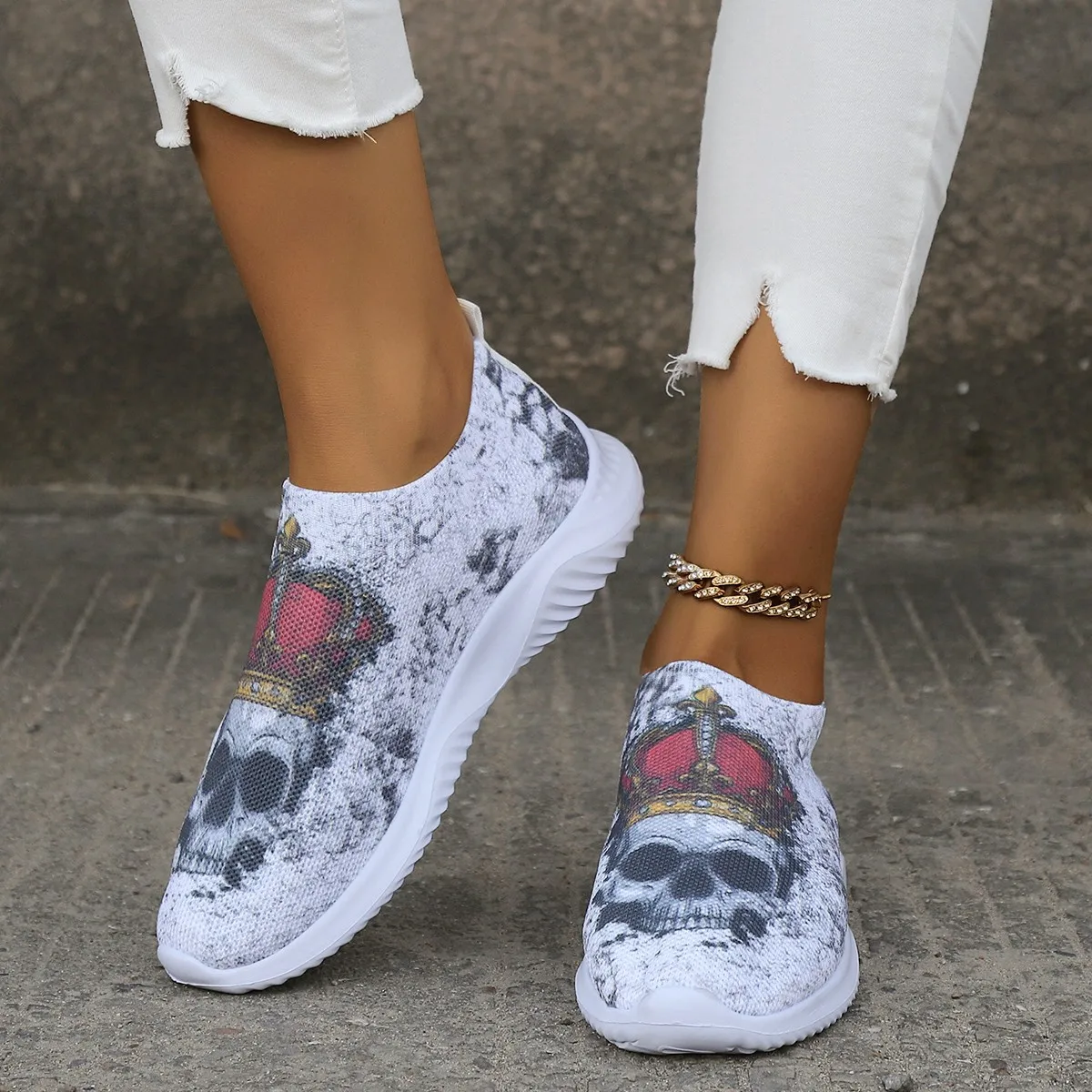 

Women's Loafers Fashion Print Slip on Square Heels Round Toe Breathable Lazy Mesh Shoes Spring Autumn Daily Ladies Shoes